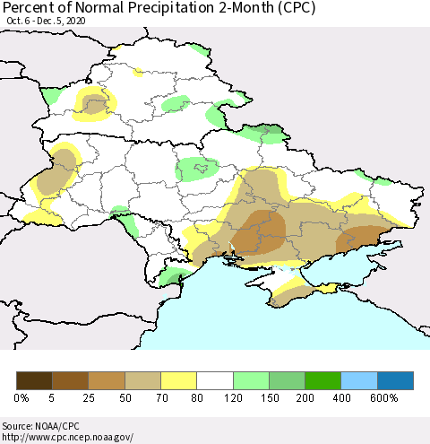 Ukraine, Moldova and Belarus Percent of Normal Precipitation 2-Month (CPC) Thematic Map For 10/6/2020 - 12/5/2020