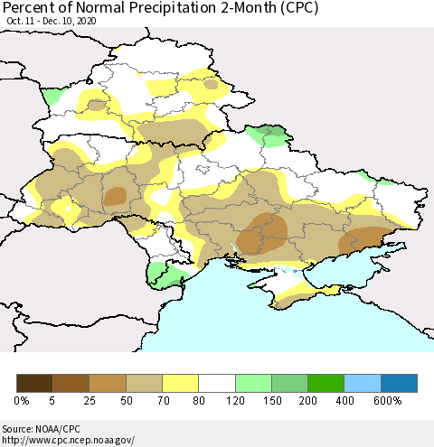 Ukraine, Moldova and Belarus Percent of Normal Precipitation 2-Month (CPC) Thematic Map For 10/11/2020 - 12/10/2020