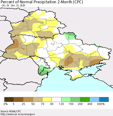 Ukraine, Moldova and Belarus Percent of Normal Precipitation 2-Month (CPC) Thematic Map For 10/16/2020 - 12/15/2020