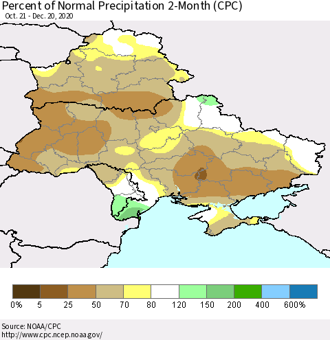 Ukraine, Moldova and Belarus Percent of Normal Precipitation 2-Month (CPC) Thematic Map For 10/21/2020 - 12/20/2020