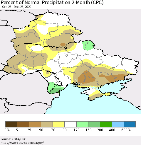Ukraine, Moldova and Belarus Percent of Normal Precipitation 2-Month (CPC) Thematic Map For 10/26/2020 - 12/25/2020