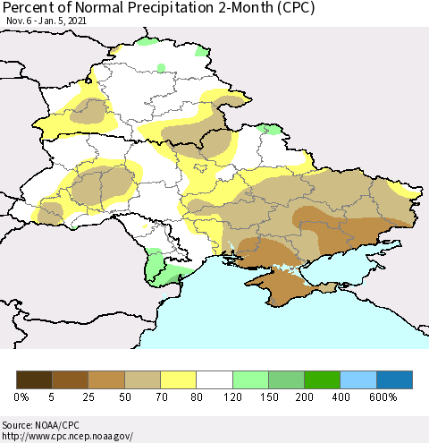 Ukraine, Moldova and Belarus Percent of Normal Precipitation 2-Month (CPC) Thematic Map For 11/6/2020 - 1/5/2021