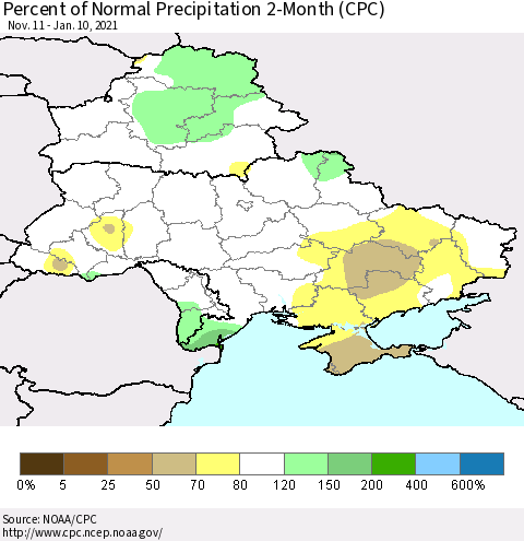 Ukraine, Moldova and Belarus Percent of Normal Precipitation 2-Month (CPC) Thematic Map For 11/11/2020 - 1/10/2021