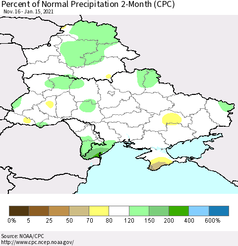 Ukraine, Moldova and Belarus Percent of Normal Precipitation 2-Month (CPC) Thematic Map For 11/16/2020 - 1/15/2021