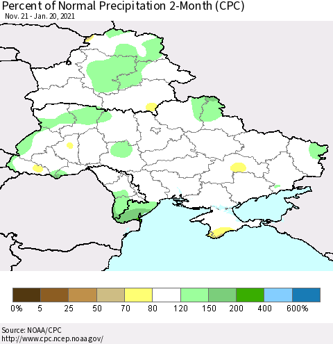 Ukraine, Moldova and Belarus Percent of Normal Precipitation 2-Month (CPC) Thematic Map For 11/21/2020 - 1/20/2021