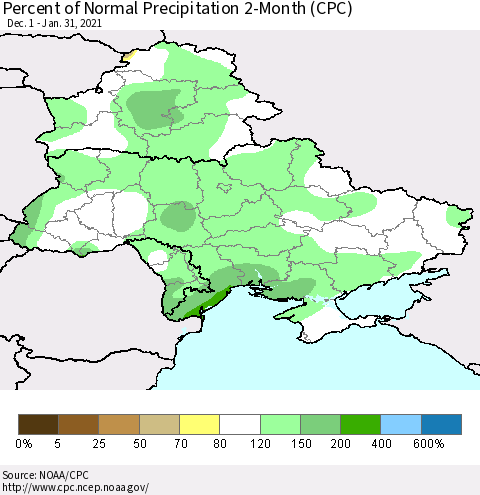 Ukraine, Moldova and Belarus Percent of Normal Precipitation 2-Month (CPC) Thematic Map For 12/1/2020 - 1/31/2021