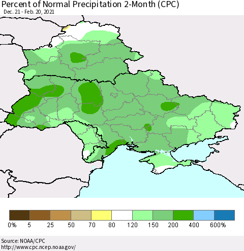 Ukraine, Moldova and Belarus Percent of Normal Precipitation 2-Month (CPC) Thematic Map For 12/21/2020 - 2/20/2021