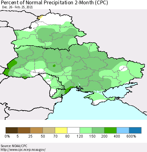 Ukraine, Moldova and Belarus Percent of Normal Precipitation 2-Month (CPC) Thematic Map For 12/26/2020 - 2/25/2021