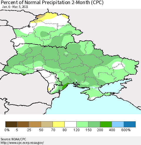 Ukraine, Moldova and Belarus Percent of Normal Precipitation 2-Month (CPC) Thematic Map For 1/6/2021 - 3/5/2021