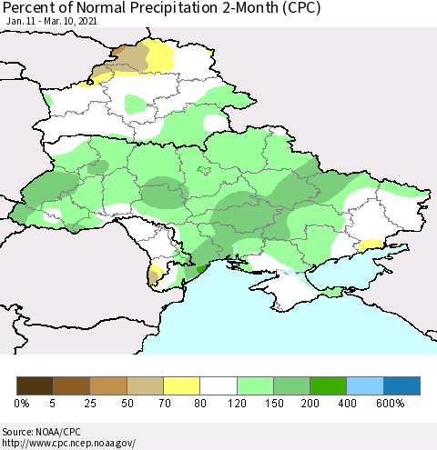 Ukraine, Moldova and Belarus Percent of Normal Precipitation 2-Month (CPC) Thematic Map For 1/11/2021 - 3/10/2021