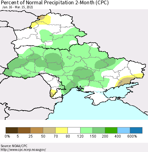 Ukraine, Moldova and Belarus Percent of Normal Precipitation 2-Month (CPC) Thematic Map For 1/16/2021 - 3/15/2021