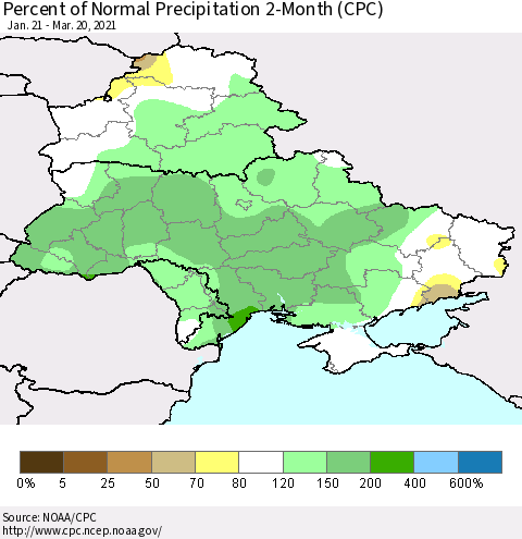Ukraine, Moldova and Belarus Percent of Normal Precipitation 2-Month (CPC) Thematic Map For 1/21/2021 - 3/20/2021