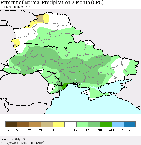 Ukraine, Moldova and Belarus Percent of Normal Precipitation 2-Month (CPC) Thematic Map For 1/26/2021 - 3/25/2021
