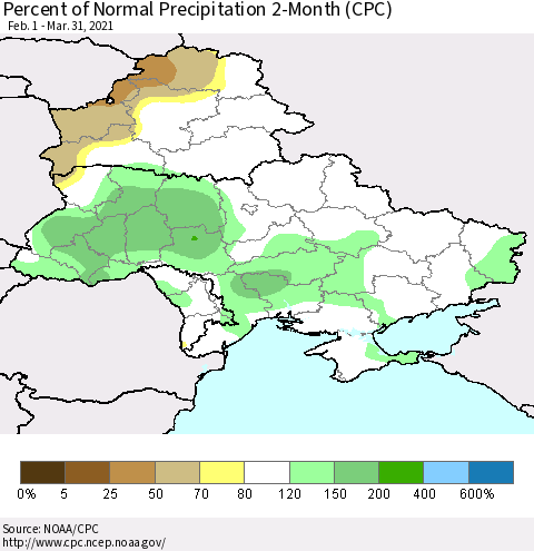 Ukraine, Moldova and Belarus Percent of Normal Precipitation 2-Month (CPC) Thematic Map For 2/1/2021 - 3/31/2021