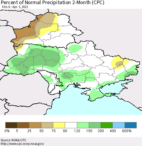 Ukraine, Moldova and Belarus Percent of Normal Precipitation 2-Month (CPC) Thematic Map For 2/6/2021 - 4/5/2021