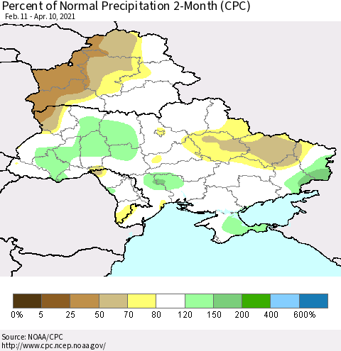 Ukraine, Moldova and Belarus Percent of Normal Precipitation 2-Month (CPC) Thematic Map For 2/11/2021 - 4/10/2021