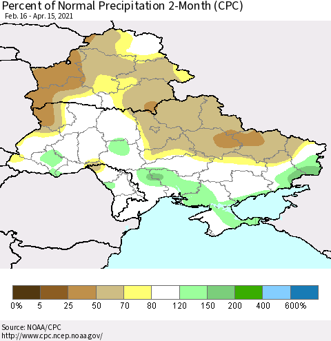 Ukraine, Moldova and Belarus Percent of Normal Precipitation 2-Month (CPC) Thematic Map For 2/16/2021 - 4/15/2021