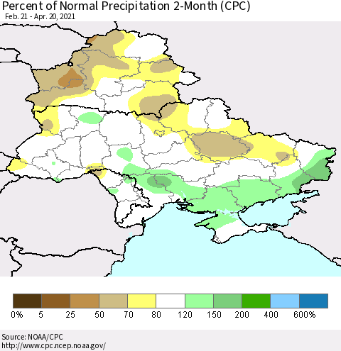 Ukraine, Moldova and Belarus Percent of Normal Precipitation 2-Month (CPC) Thematic Map For 2/21/2021 - 4/20/2021