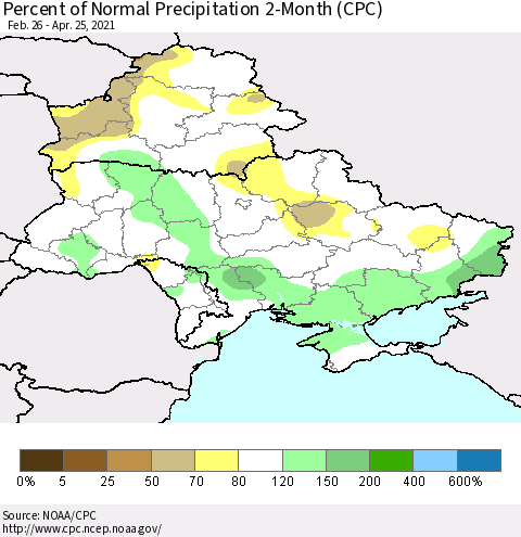 Ukraine, Moldova and Belarus Percent of Normal Precipitation 2-Month (CPC) Thematic Map For 2/26/2021 - 4/25/2021