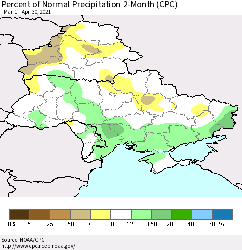 Ukraine, Moldova and Belarus Percent of Normal Precipitation 2-Month (CPC) Thematic Map For 3/1/2021 - 4/30/2021