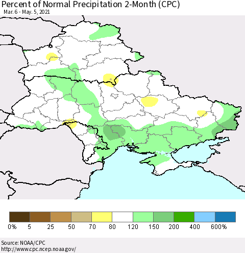 Ukraine, Moldova and Belarus Percent of Normal Precipitation 2-Month (CPC) Thematic Map For 3/6/2021 - 5/5/2021