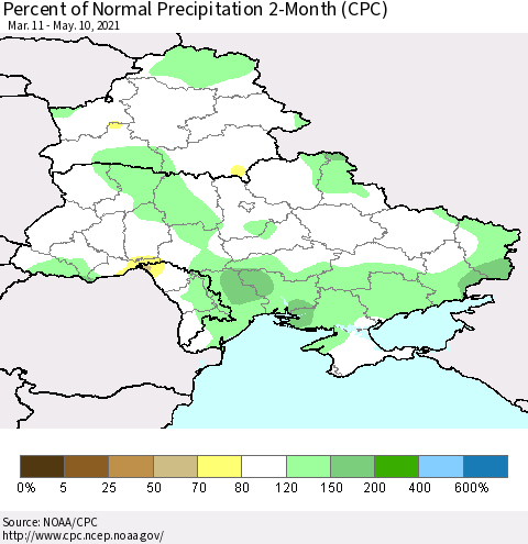 Ukraine, Moldova and Belarus Percent of Normal Precipitation 2-Month (CPC) Thematic Map For 3/11/2021 - 5/10/2021
