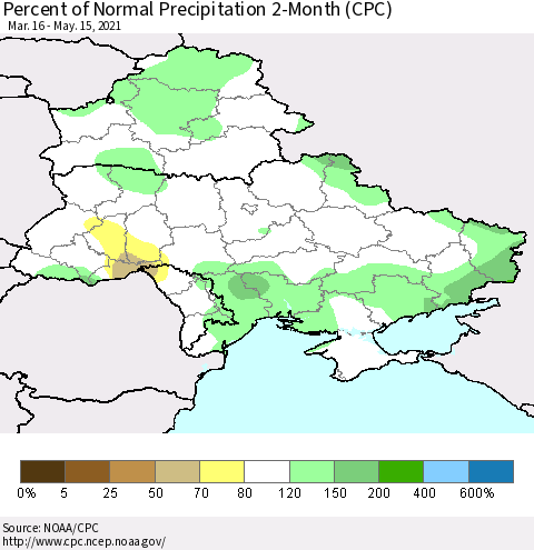 Ukraine, Moldova and Belarus Percent of Normal Precipitation 2-Month (CPC) Thematic Map For 3/16/2021 - 5/15/2021