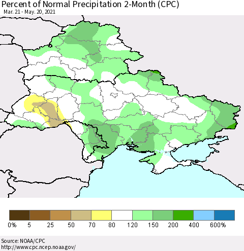 Ukraine, Moldova and Belarus Percent of Normal Precipitation 2-Month (CPC) Thematic Map For 3/21/2021 - 5/20/2021