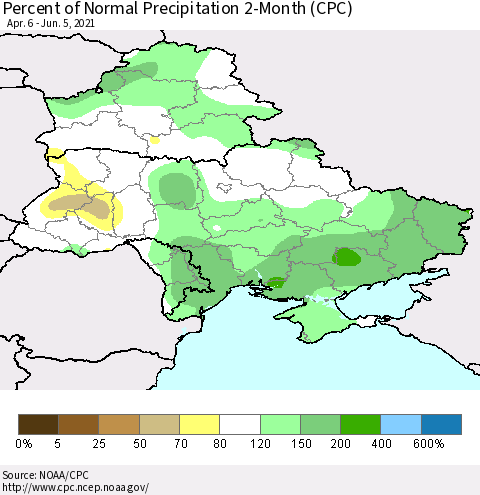 Ukraine, Moldova and Belarus Percent of Normal Precipitation 2-Month (CPC) Thematic Map For 4/6/2021 - 6/5/2021