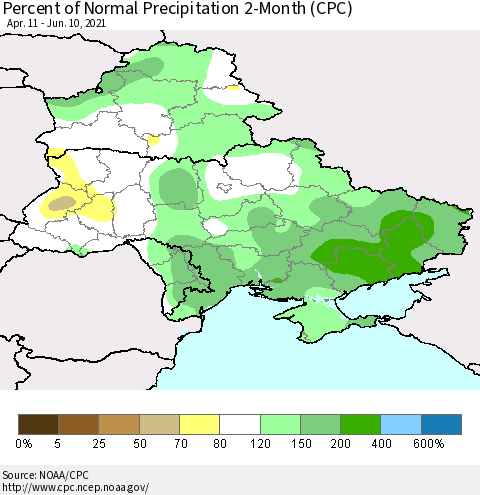 Ukraine, Moldova and Belarus Percent of Normal Precipitation 2-Month (CPC) Thematic Map For 4/11/2021 - 6/10/2021