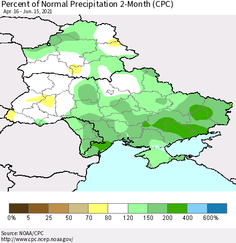 Ukraine, Moldova and Belarus Percent of Normal Precipitation 2-Month (CPC) Thematic Map For 4/16/2021 - 6/15/2021