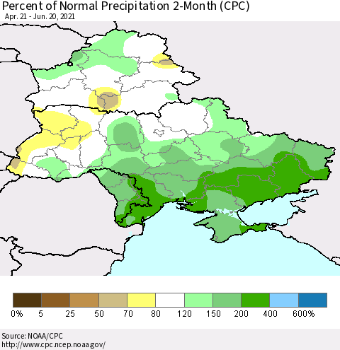 Ukraine, Moldova and Belarus Percent of Normal Precipitation 2-Month (CPC) Thematic Map For 4/21/2021 - 6/20/2021