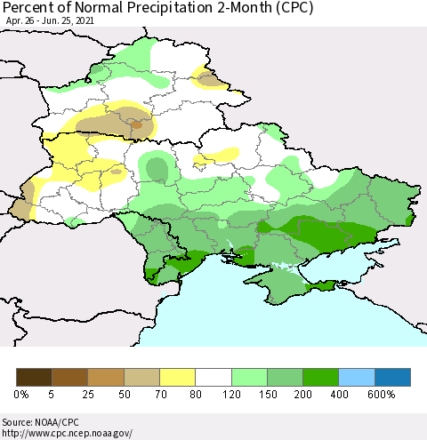 Ukraine, Moldova and Belarus Percent of Normal Precipitation 2-Month (CPC) Thematic Map For 4/26/2021 - 6/25/2021