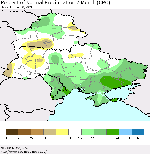 Ukraine, Moldova and Belarus Percent of Normal Precipitation 2-Month (CPC) Thematic Map For 5/1/2021 - 6/30/2021