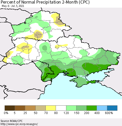 Ukraine, Moldova and Belarus Percent of Normal Precipitation 2-Month (CPC) Thematic Map For 5/6/2021 - 7/5/2021