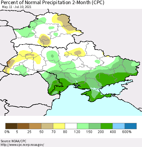 Ukraine, Moldova and Belarus Percent of Normal Precipitation 2-Month (CPC) Thematic Map For 5/11/2021 - 7/10/2021