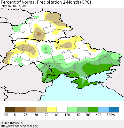 Ukraine, Moldova and Belarus Percent of Normal Precipitation 2-Month (CPC) Thematic Map For 5/16/2021 - 7/15/2021