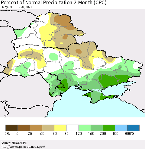 Ukraine, Moldova and Belarus Percent of Normal Precipitation 2-Month (CPC) Thematic Map For 5/21/2021 - 7/20/2021