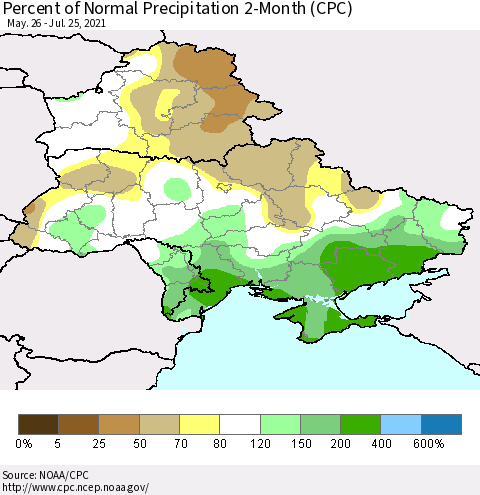 Ukraine, Moldova and Belarus Percent of Normal Precipitation 2-Month (CPC) Thematic Map For 5/26/2021 - 7/25/2021