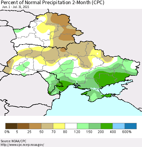 Ukraine, Moldova and Belarus Percent of Normal Precipitation 2-Month (CPC) Thematic Map For 6/1/2021 - 7/31/2021