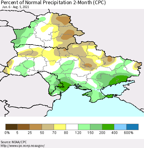 Ukraine, Moldova and Belarus Percent of Normal Precipitation 2-Month (CPC) Thematic Map For 6/6/2021 - 8/5/2021