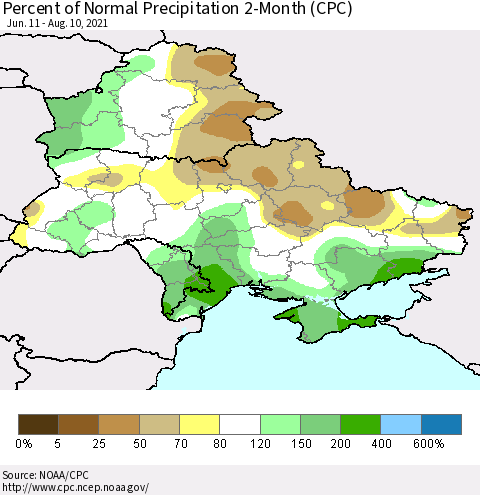 Ukraine, Moldova and Belarus Percent of Normal Precipitation 2-Month (CPC) Thematic Map For 6/11/2021 - 8/10/2021