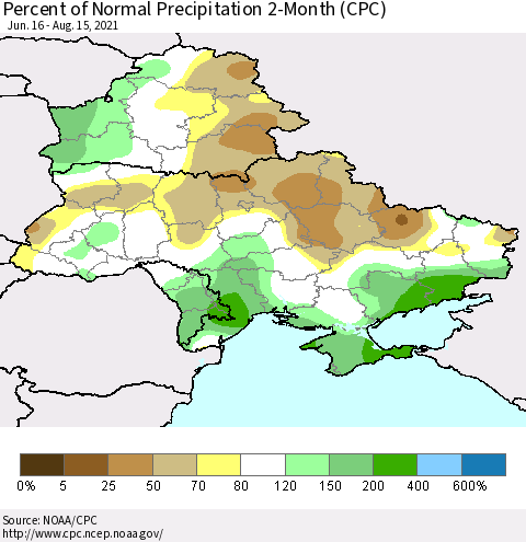 Ukraine, Moldova and Belarus Percent of Normal Precipitation 2-Month (CPC) Thematic Map For 6/16/2021 - 8/15/2021