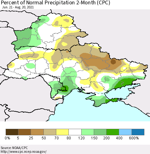 Ukraine, Moldova and Belarus Percent of Normal Precipitation 2-Month (CPC) Thematic Map For 6/21/2021 - 8/20/2021