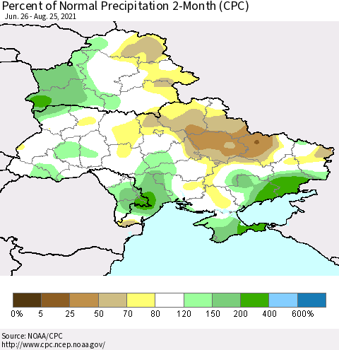 Ukraine, Moldova and Belarus Percent of Normal Precipitation 2-Month (CPC) Thematic Map For 6/26/2021 - 8/25/2021