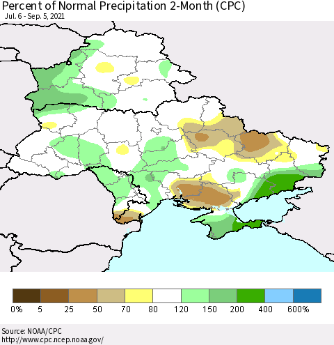 Ukraine, Moldova and Belarus Percent of Normal Precipitation 2-Month (CPC) Thematic Map For 7/6/2021 - 9/5/2021