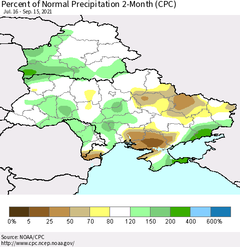 Ukraine, Moldova and Belarus Percent of Normal Precipitation 2-Month (CPC) Thematic Map For 7/16/2021 - 9/15/2021