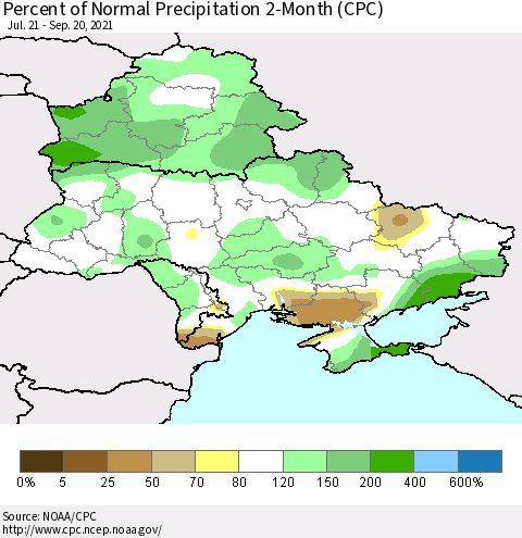 Ukraine, Moldova and Belarus Percent of Normal Precipitation 2-Month (CPC) Thematic Map For 7/21/2021 - 9/20/2021