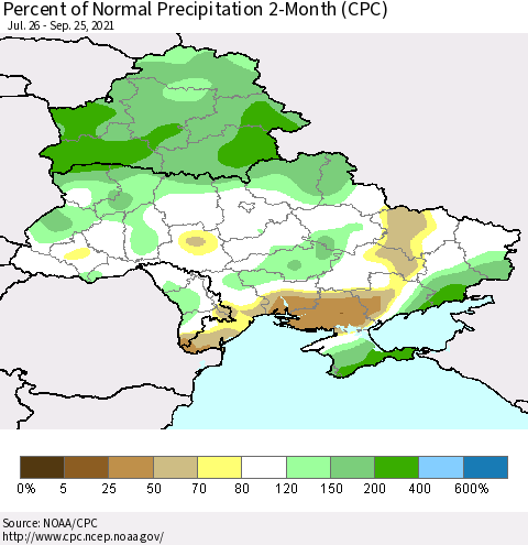Ukraine, Moldova and Belarus Percent of Normal Precipitation 2-Month (CPC) Thematic Map For 7/26/2021 - 9/25/2021