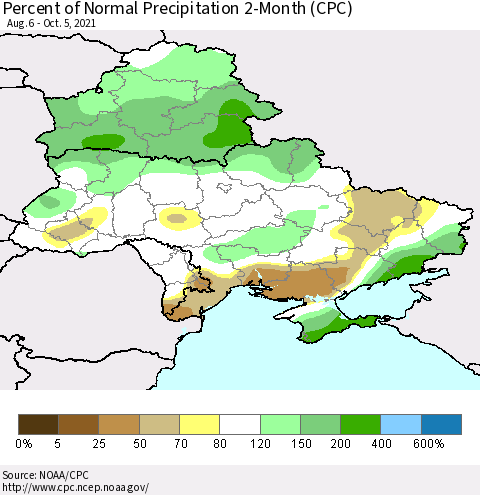 Ukraine, Moldova and Belarus Percent of Normal Precipitation 2-Month (CPC) Thematic Map For 8/6/2021 - 10/5/2021